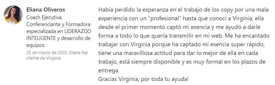 Buena opinión de copywriter Virginia Romera